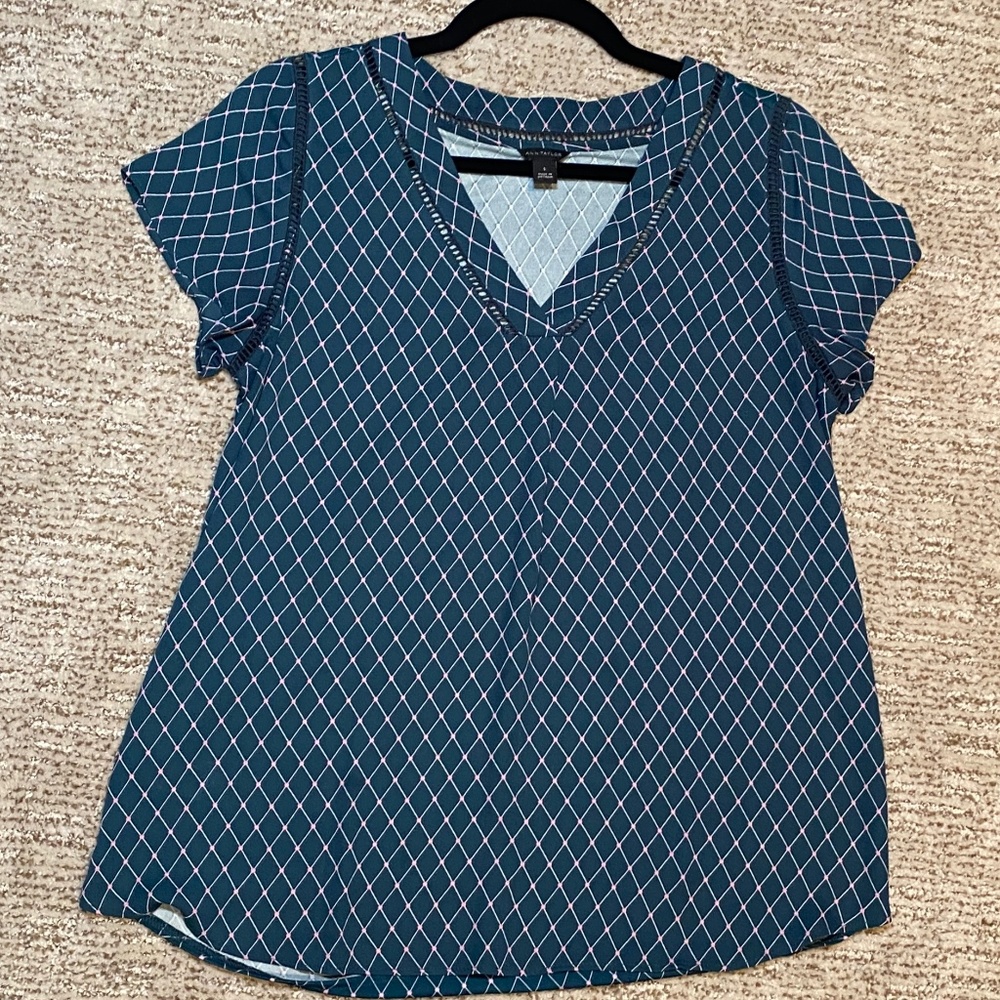 Ann Taylor Teal Blouse with Pink Accents and Diamond Pattern